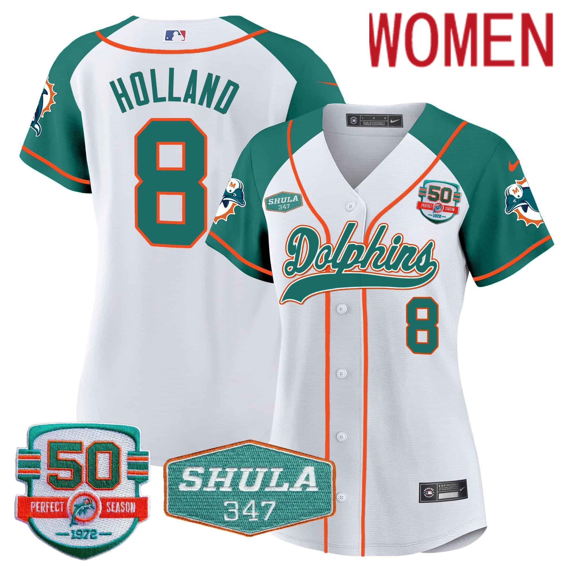 Women Miami Dolphins 8 Holland White 2024 Nike 50th Don Shula Memorial Patch Baseball NFL Jersey style 1